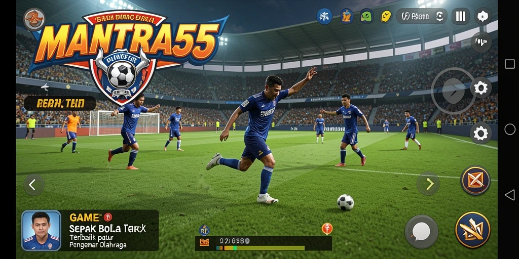 Tangkapan layar permainan MANTRA55 menampilkan aksi seru di lapangan sepak bola.