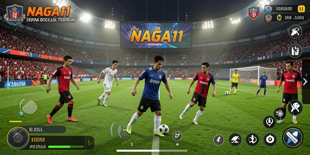 Screenshot tampilan gameplay NAGA11 dengan aksi sepak bola yang seru.